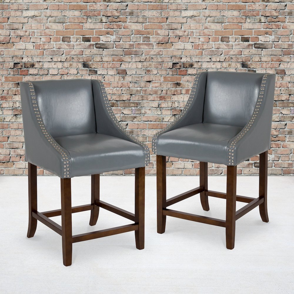 24" High Walnut Counter Height Stool in Light Gray LeatherSoft, Set of 2. Picture 2