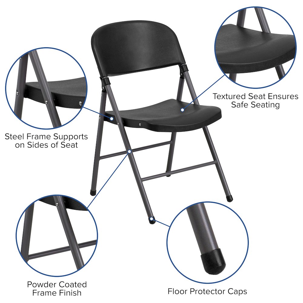2 Pack HERCULES Series 330 lb. Capacity Black Plastic Folding Chair with Charcoal Frame. Picture 5