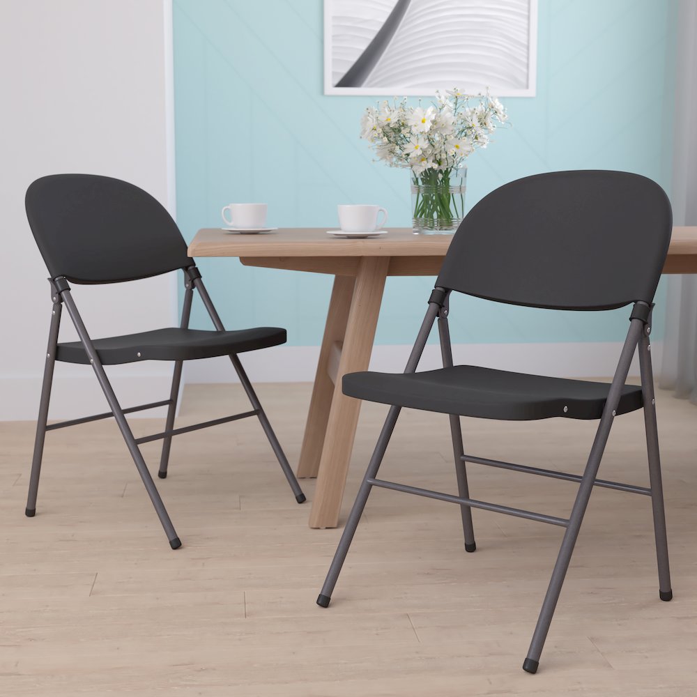 2 Pack HERCULES Series 330 lb. Capacity Black Plastic Folding Chair with Charcoal Frame. Picture 2