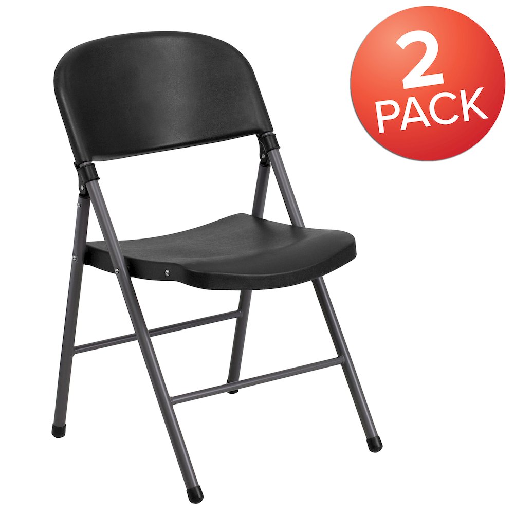 2 Pack HERCULES Series 330 lb. Capacity Black Plastic Folding Chair with Charcoal Frame. Picture 1