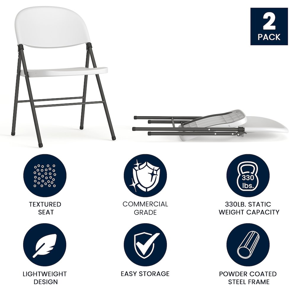 2 Pack HERCULES Series 330 lb. Capacity Granite White Plastic Folding Chair with Charcoal Frame. Picture 5
