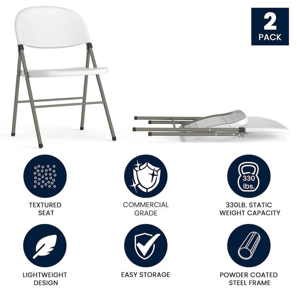 HERCULES Series White Plastic Folding Chairs | Set of 2 Lightweight Folding Chairs with Gray Frame. Picture 5