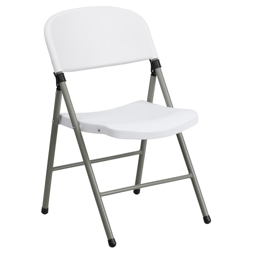 330 lb. Capacity White Plastic Folding Chair with Gray Frame. Picture 3