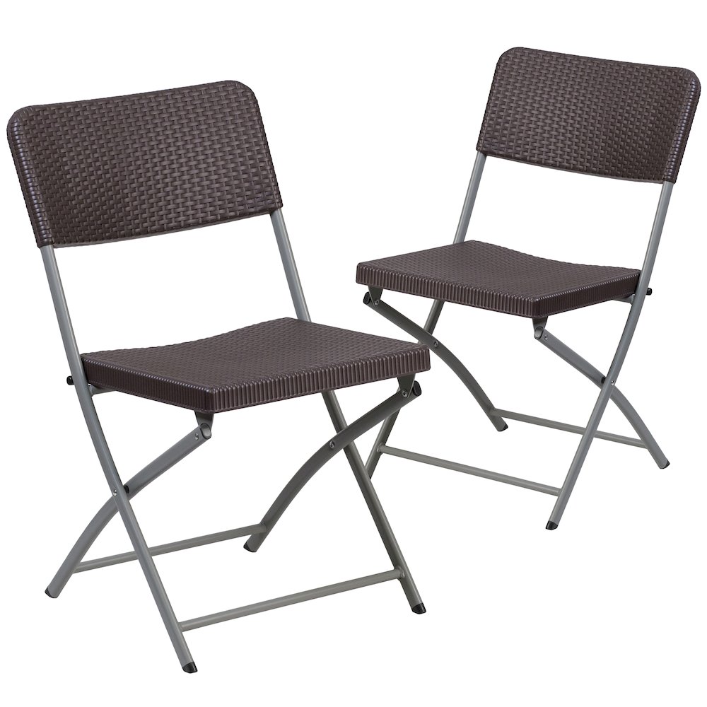 2 Pack HERCULES Series Brown Rattan Plastic Folding Chair with Gray Frame. Picture 3