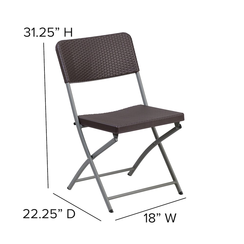2 Pack HERCULES Series Brown Rattan Plastic Folding Chair with Gray Frame. Picture 6