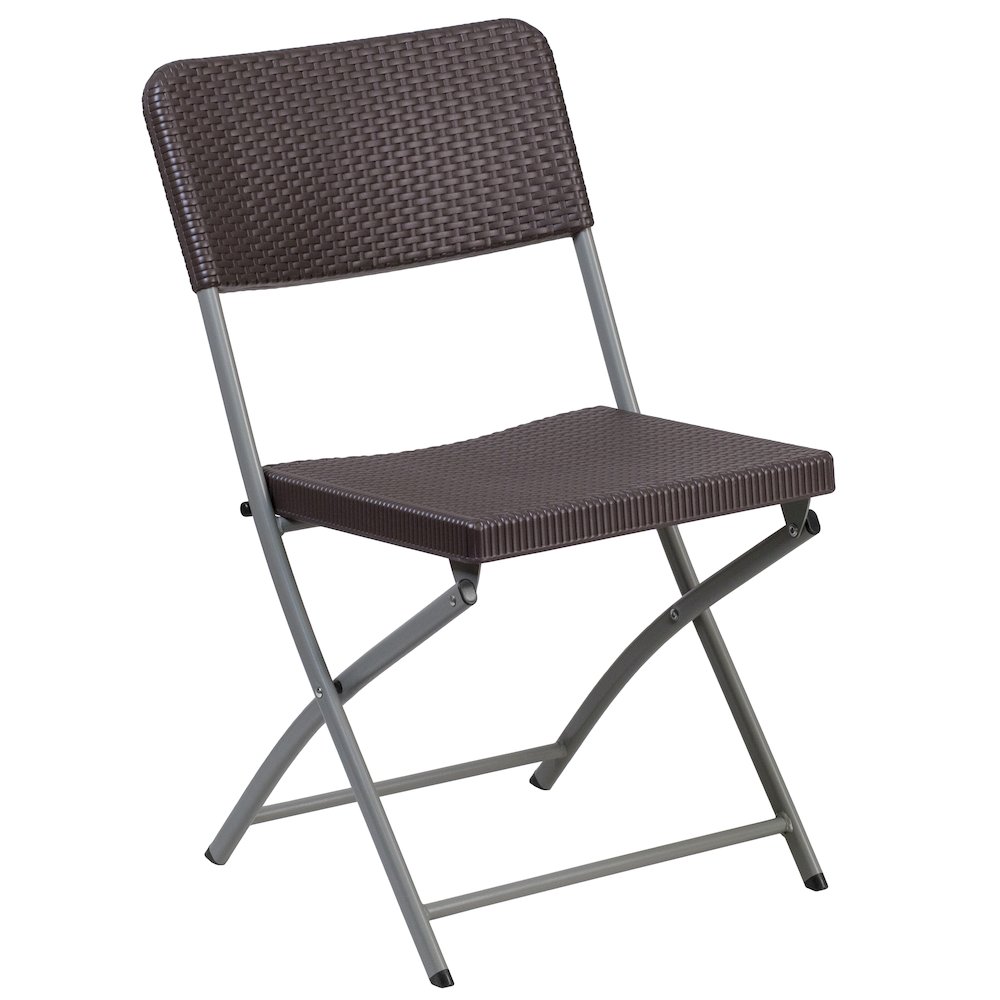 2 Pack HERCULES Series Brown Rattan Plastic Folding Chair with Gray Frame. Picture 8