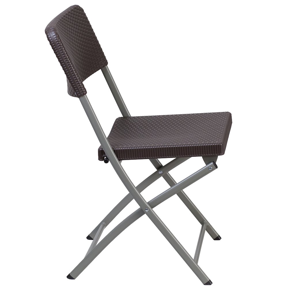 2 Pack HERCULES Series Brown Rattan Plastic Folding Chair with Gray Frame. Picture 9