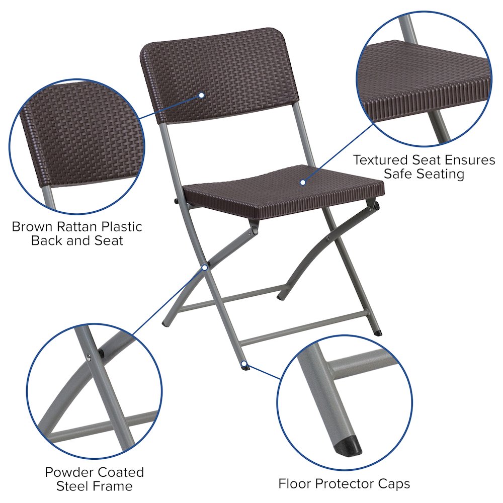 2 Pack HERCULES Series Brown Rattan Plastic Folding Chair with Gray Frame. Picture 5