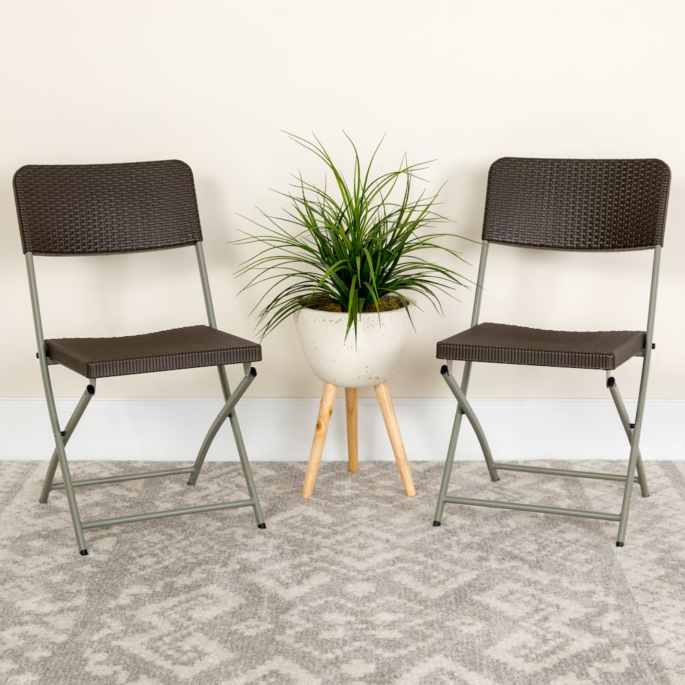 2 Pack HERCULES Series Brown Rattan Plastic Folding Chair with Gray Frame. Picture 2
