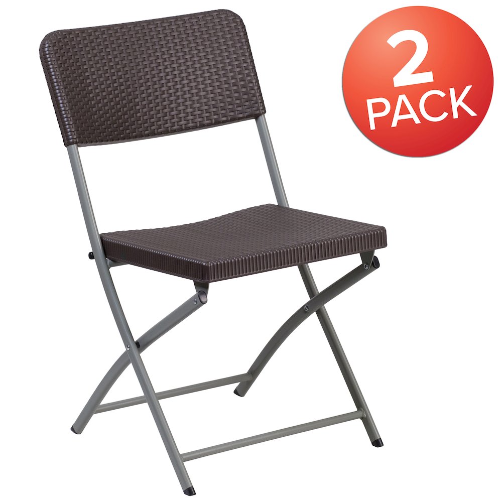 2 Pack HERCULES Series Brown Rattan Plastic Folding Chair with Gray Frame. Picture 1