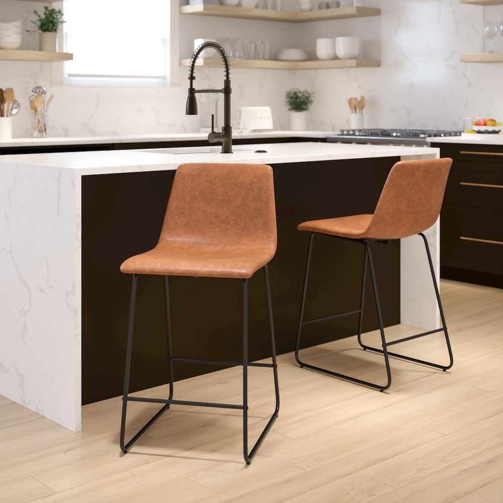 24 Inch LeatherSoft Counter Height Barstools in Light Brown, Set of 2. Picture 2