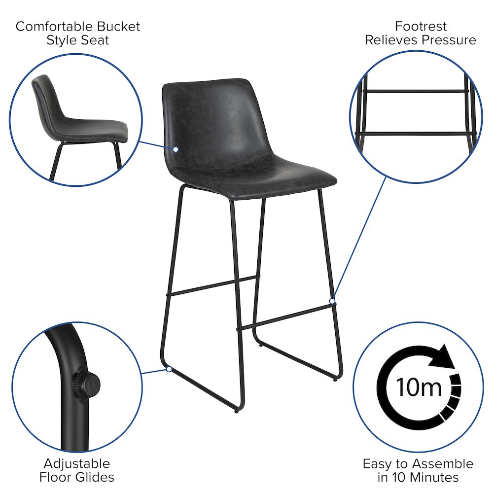 30 Inch LeatherSoft Bar Height Barstools in Dark Gray, Set of 2. Picture 5