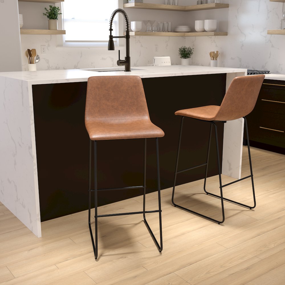 30 Inch LeatherSoft Bar Height Barstools in Light Brown, Set of 2. Picture 2