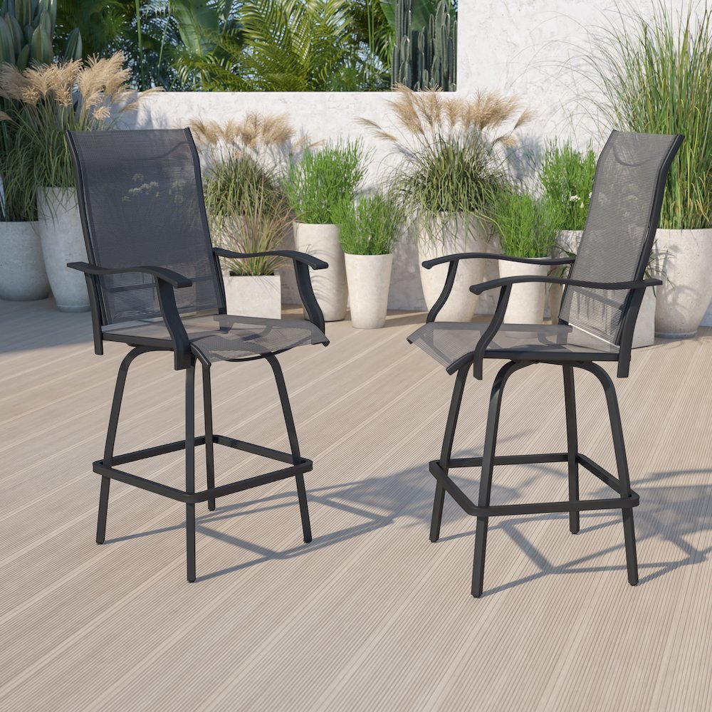 Patio Bar Height Stools Set of 2, All-Weather Textilene Swivel Patio Stools and Deck Chairs with High Back & Armrests in Gray. Picture 2
