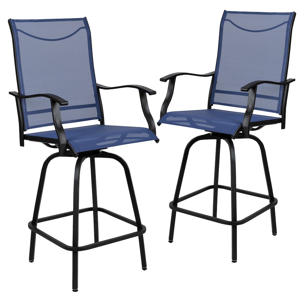 Patio Bar Height Stools Set of 2, All-Weather Textilene Swivel Patio Stools and Deck Chairs with High Back & Armrests in Navy. Picture 3
