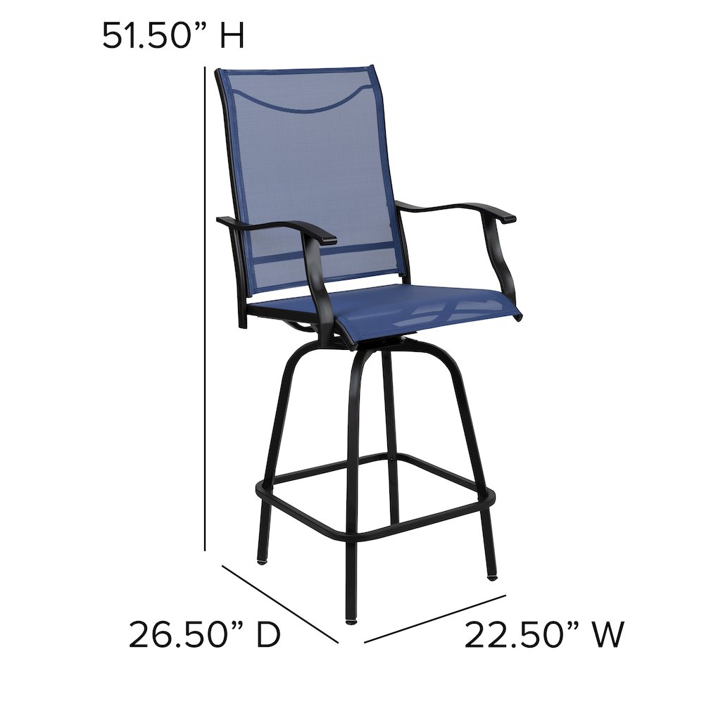 Patio Bar Height Stools Set of 2, All-Weather Textilene Swivel Patio Stools and Deck Chairs with High Back & Armrests in Navy. Picture 6
