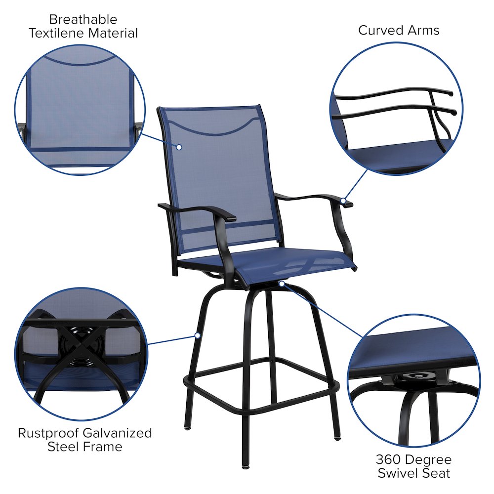 Patio Bar Height Stools Set of 2, All-Weather Textilene Swivel Patio Stools and Deck Chairs with High Back & Armrests in Navy. Picture 5