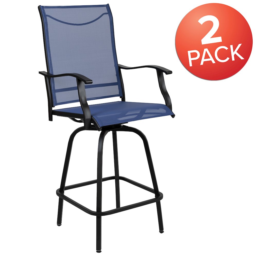 Patio Bar Height Stools Set of 2, All-Weather Textilene Swivel Patio Stools and Deck Chairs with High Back & Armrests in Navy. Picture 1