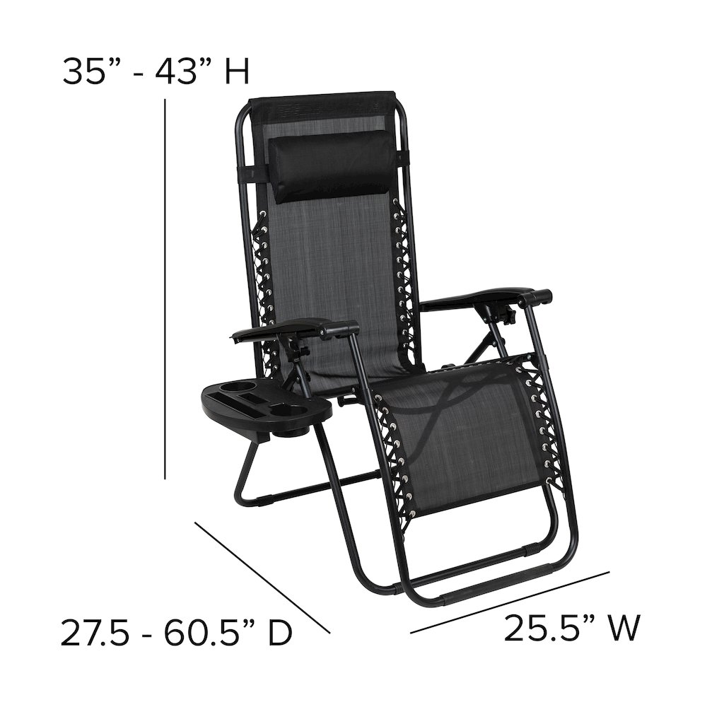 Adjustable Folding Mesh Zero Gravity Reclining Lounge Chair with Pillow and Cup Holder Tray in Black, Set of 2. Picture 6