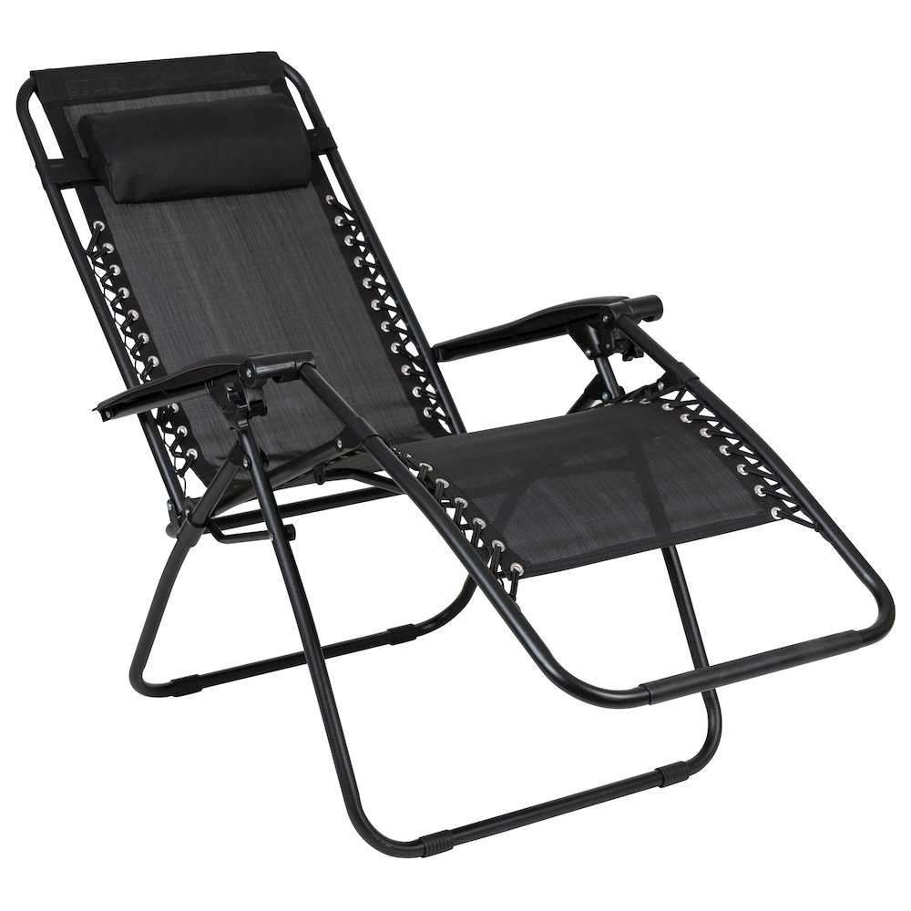 Adjustable Folding Mesh Zero Gravity Reclining Lounge Chair with Pillow and Cup Holder Tray in Black, Set of 2. Picture 9
