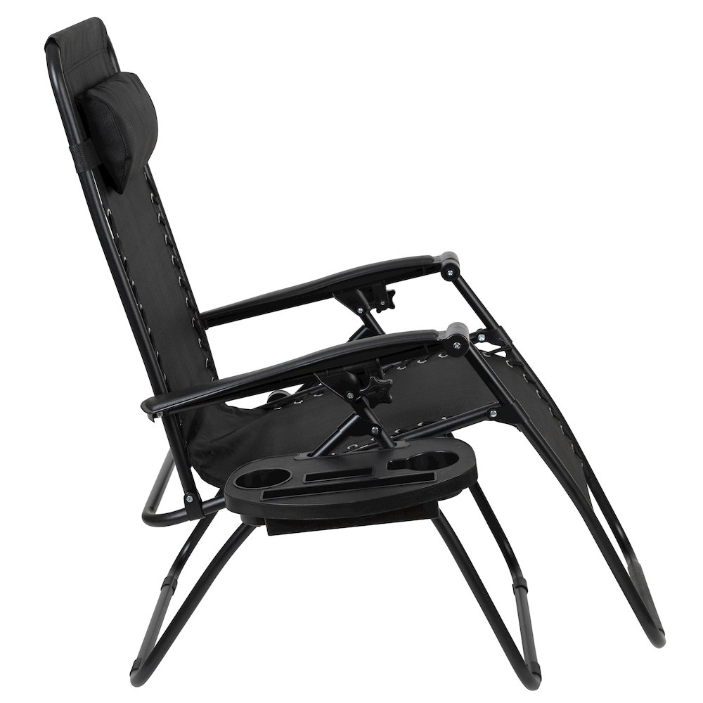 Adjustable Folding Mesh Zero Gravity Reclining Lounge Chair with Pillow and Cup Holder Tray in Black, Set of 2. Picture 10