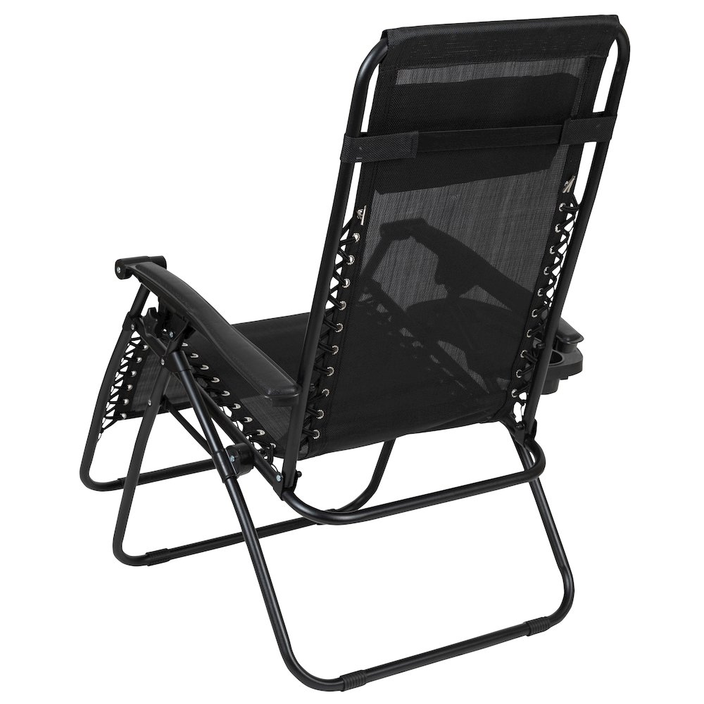 Adjustable Folding Mesh Zero Gravity Reclining Lounge Chair with Pillow and Cup Holder Tray in Black, Set of 2. Picture 7
