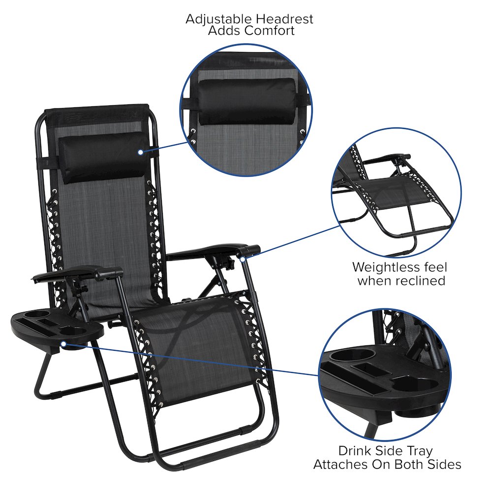 Adjustable Folding Mesh Zero Gravity Reclining Lounge Chair with Pillow and Cup Holder Tray in Black, Set of 2. Picture 5