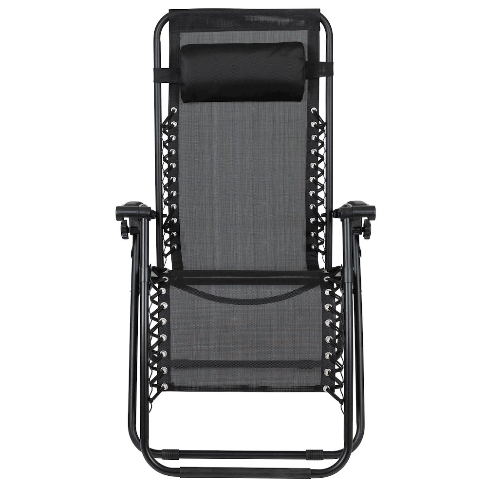 Adjustable Folding Mesh Zero Gravity Reclining Lounge Chair with Pillow and Cup Holder Tray in Black, Set of 2. Picture 11