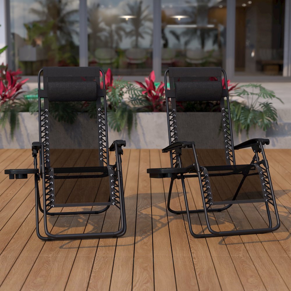 Adjustable Folding Mesh Zero Gravity Reclining Lounge Chair with Pillow and Cup Holder Tray in Black, Set of 2. Picture 2