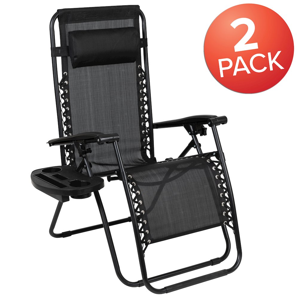 Adjustable Folding Mesh Zero Gravity Reclining Lounge Chair with Pillow and Cup Holder Tray in Black, Set of 2. Picture 1