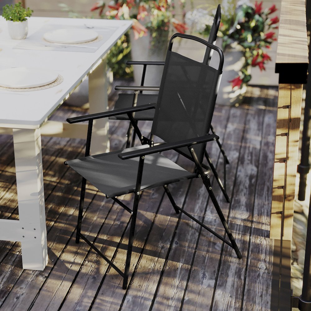 Set of 2 Contemporary Sling Style Patio Chairs with Armrests. Picture 8