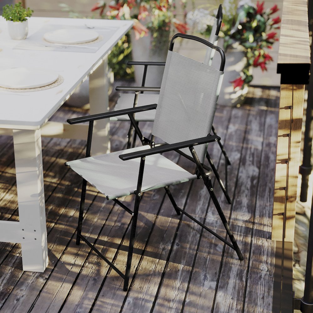 Set of 2 Contemporary Sling Style Patio Chairs with Armrests. Picture 8