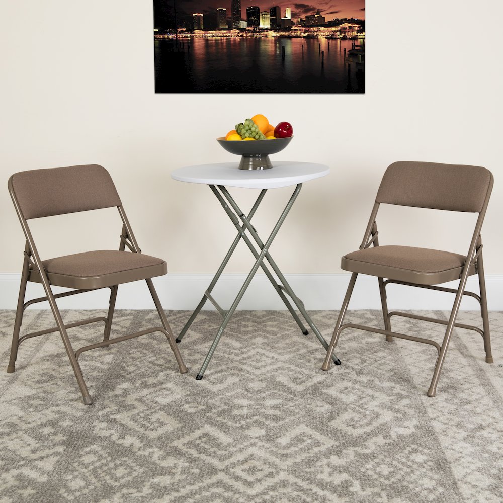 2 Pack HERCULES Series Curved Triple Braced & Double Hinged Beige Fabric Metal Folding Chair. Picture 2