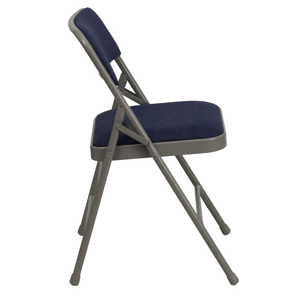 Curved Triple Braced & Double Hinged Navy Fabric Metal Folding Chair. Picture 4