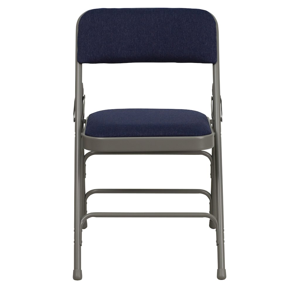 Curved Triple Braced & Double Hinged Navy Fabric Metal Folding Chair. Picture 7
