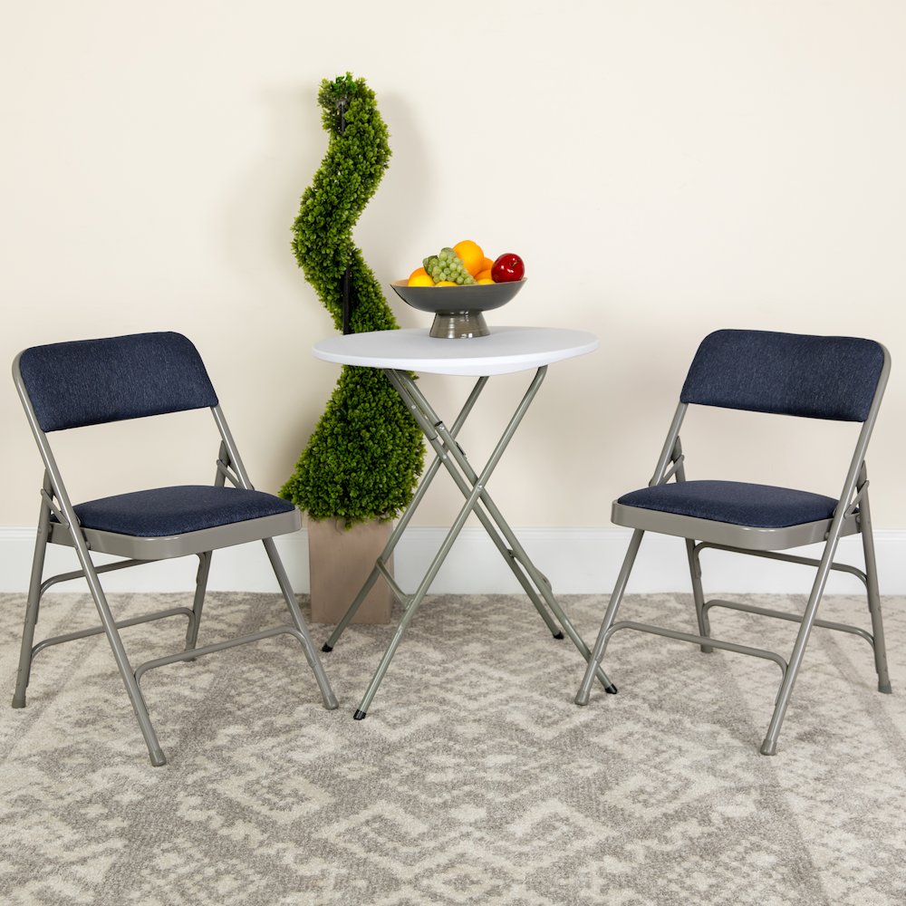 Curved Triple Braced & Double Hinged Navy Fabric Metal Folding Chair. Picture 8