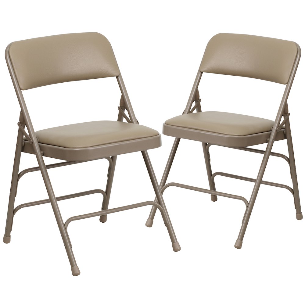 2 Pack HERCULES Series Curved Triple Braced & Double Hinged Beige Vinyl Metal Folding Chair. Picture 3
