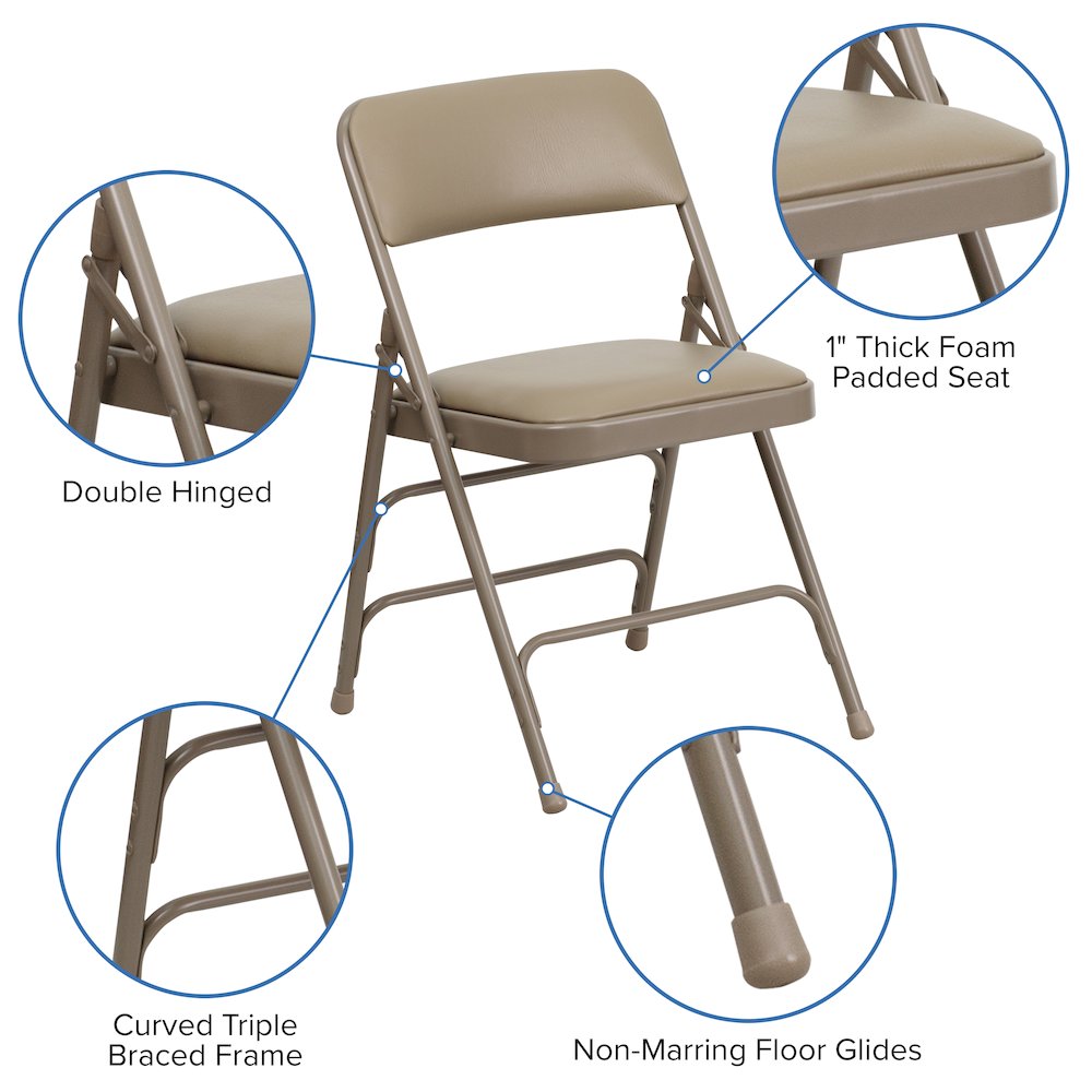 2 Pack HERCULES Series Curved Triple Braced & Double Hinged Beige Vinyl Metal Folding Chair. Picture 6