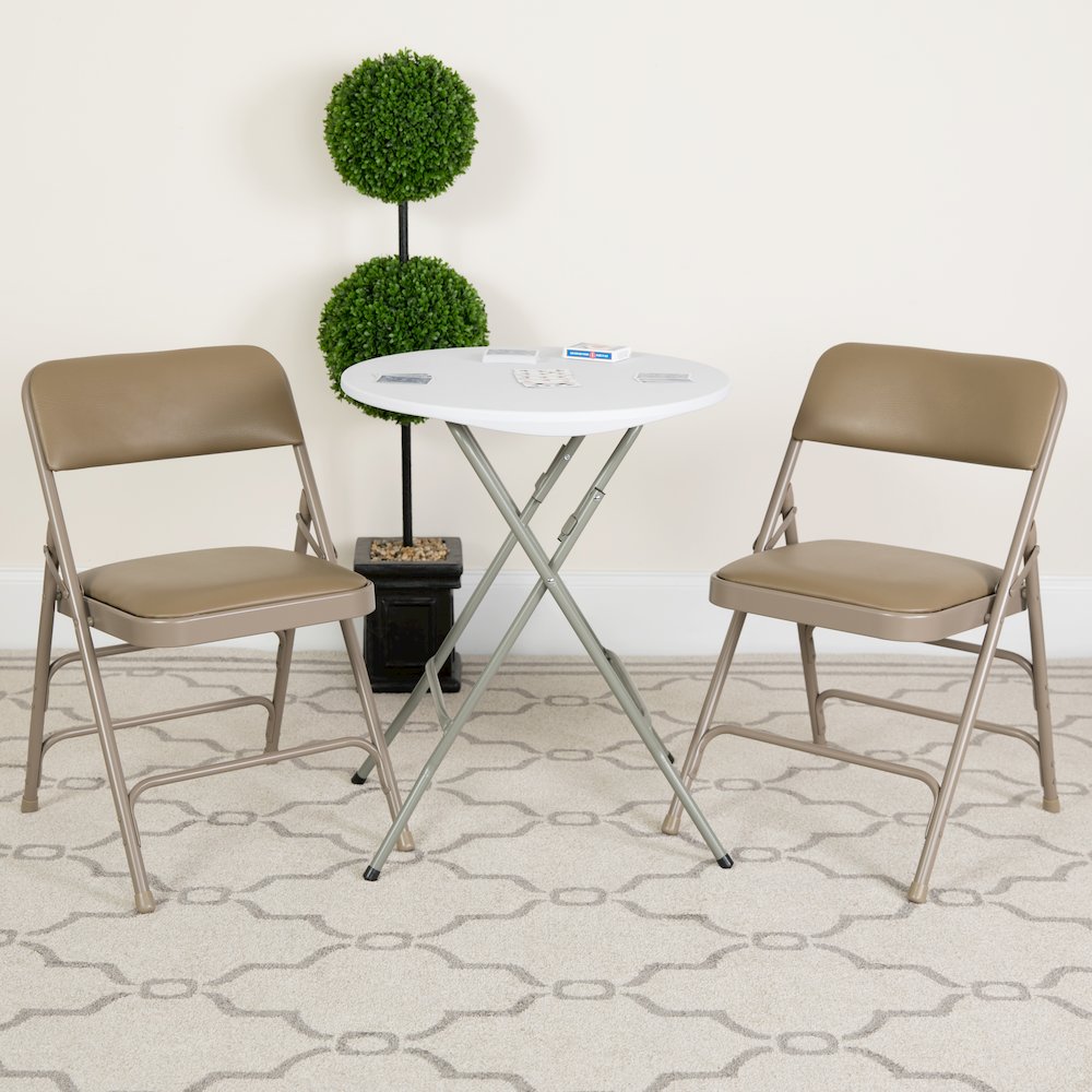 2 Pack HERCULES Series Curved Triple Braced & Double Hinged Beige Vinyl Metal Folding Chair. Picture 2