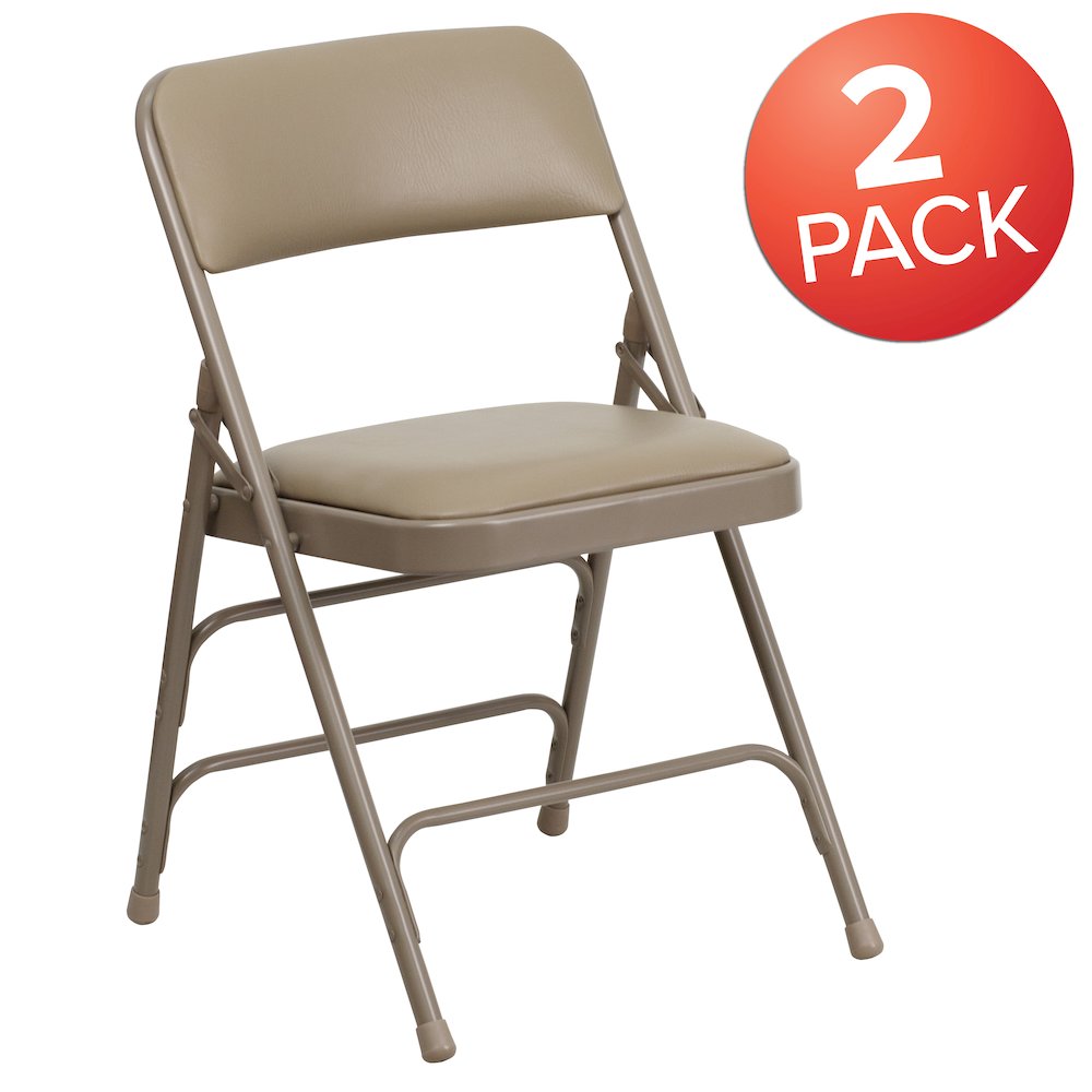 2 Pack HERCULES Series Curved Triple Braced & Double Hinged Beige Vinyl Metal Folding Chair. Picture 1