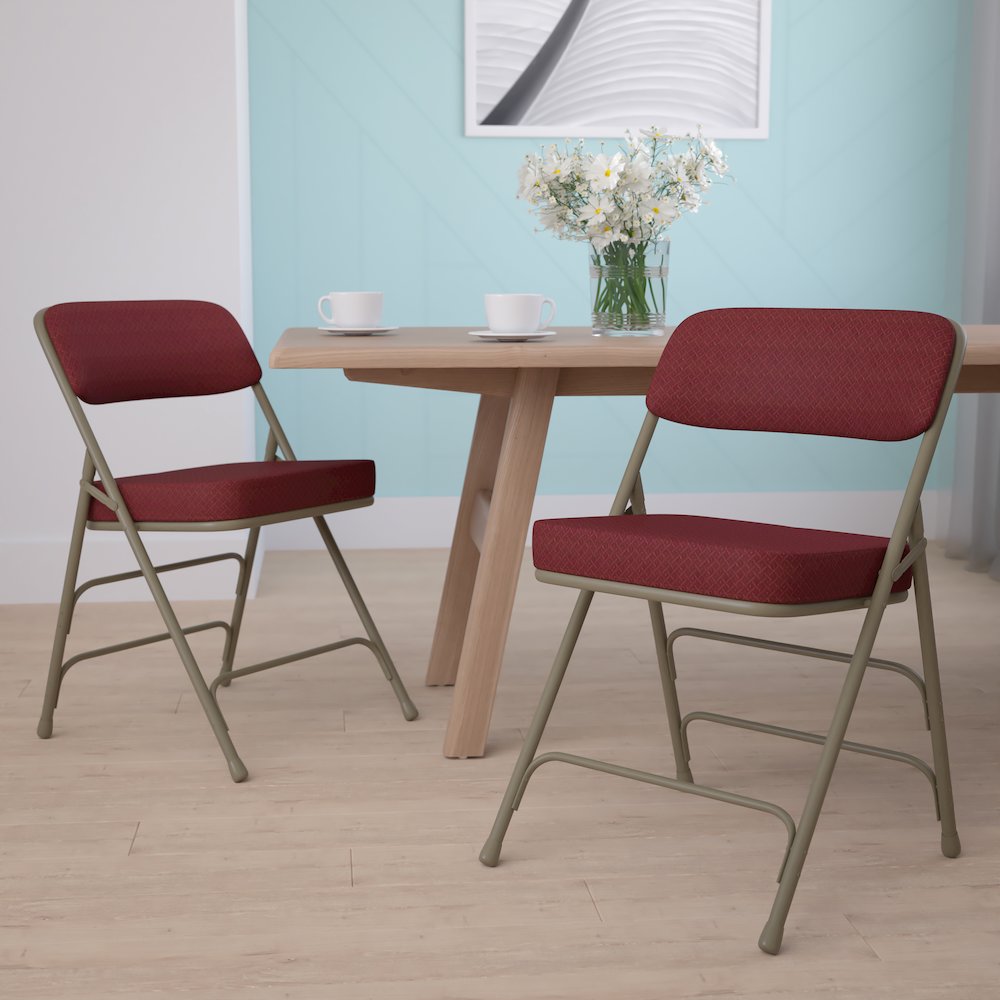 18.5"W Premium Curved Triple Braced & Double Hinged Burgundy Fabric Metal Folding Chair. Picture 8