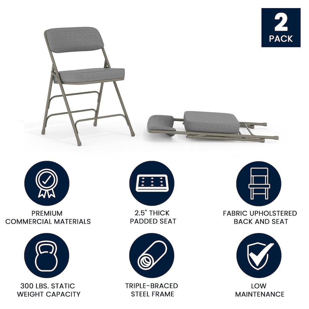 2 Pack Curved Triple Braced & Double Hinged Gray Fabric Metal Folding Chair. Picture 4