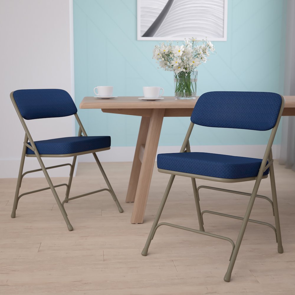 2 Pack Curved Triple Braced & Double Hinged Navy Fabric Metal Folding Chair. Picture 2