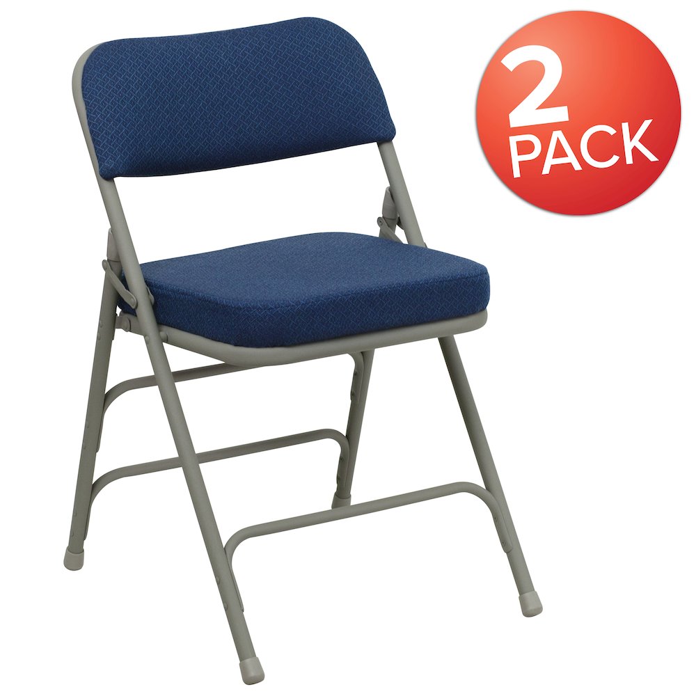 2 Pack Curved Triple Braced & Double Hinged Navy Fabric Metal Folding Chair. Picture 1