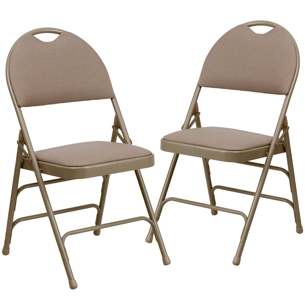 2 Pack HERCULES Series Ultra-Premium Triple Braced Beige Fabric Metal Folding Chair with Easy-Carry Handle. Picture 3