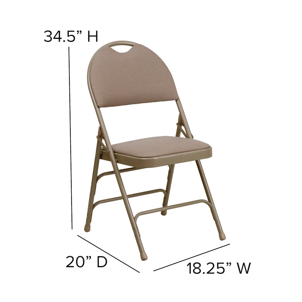 2 Pack HERCULES Series Ultra-Premium Triple Braced Beige Fabric Metal Folding Chair with Easy-Carry Handle. Picture 6