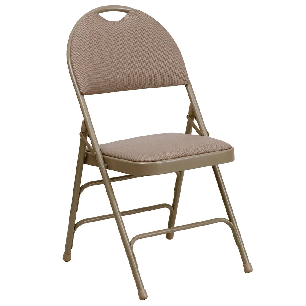 2 Pack HERCULES Series Ultra-Premium Triple Braced Beige Fabric Metal Folding Chair with Easy-Carry Handle. Picture 8