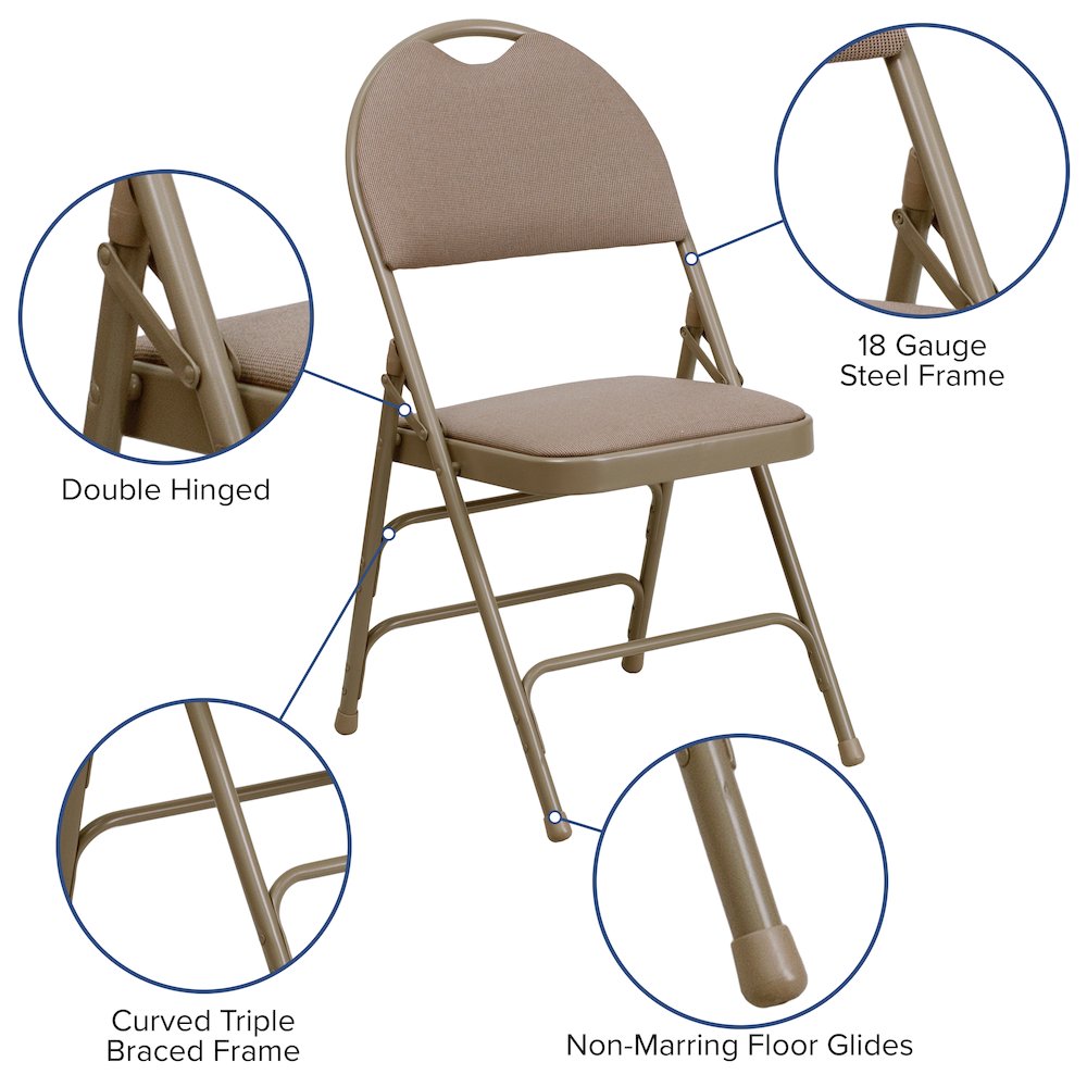 2 Pack HERCULES Series Ultra-Premium Triple Braced Beige Fabric Metal Folding Chair with Easy-Carry Handle. Picture 5