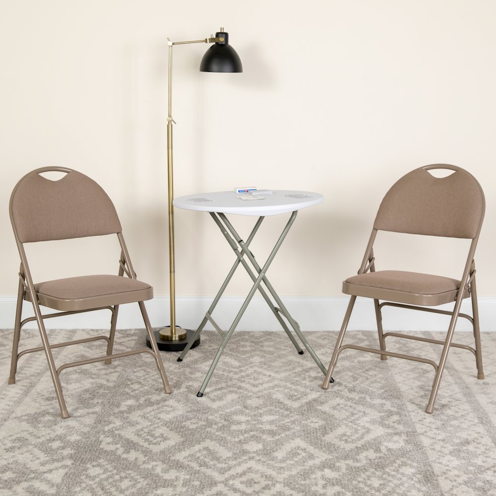 2 Pack HERCULES Series Ultra-Premium Triple Braced Beige Fabric Metal Folding Chair with Easy-Carry Handle. Picture 2