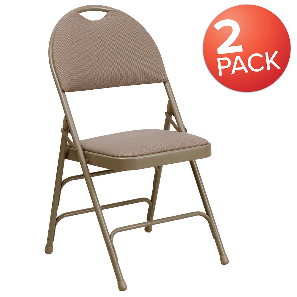 2 Pack HERCULES Series Ultra-Premium Triple Braced Beige Fabric Metal Folding Chair with Easy-Carry Handle. Picture 1